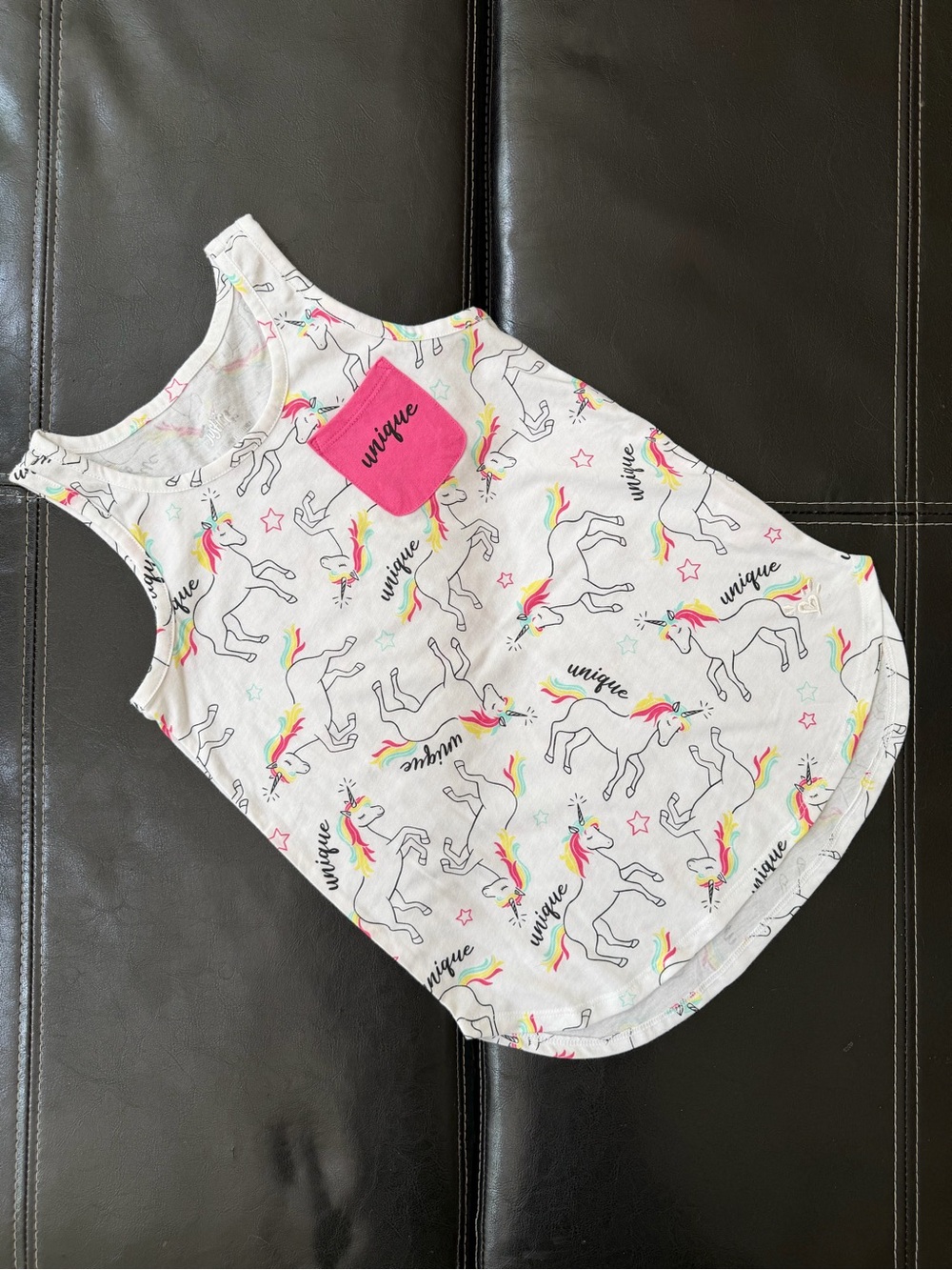 Justice - White Unicorn Tank with Pink “Unique” Pocket and Rainbow Accents